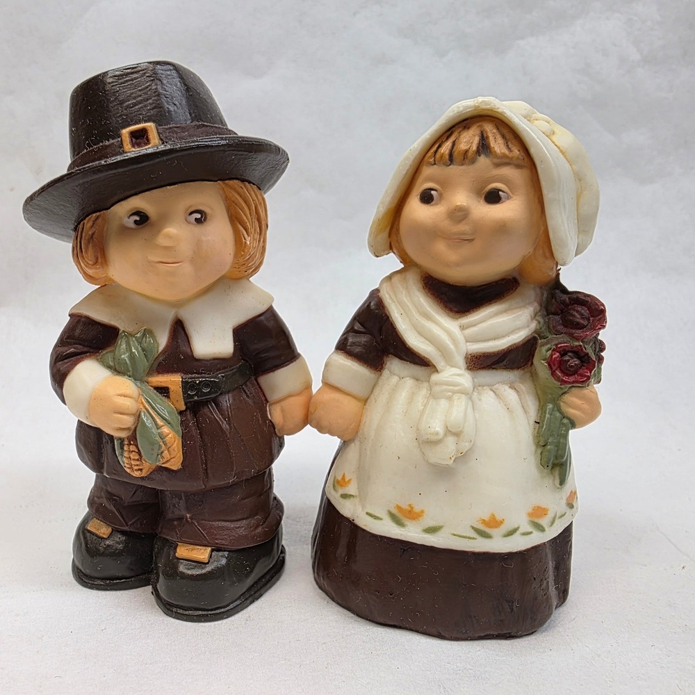 Hallmark Salt & Pepper Shakers OS Brown Good Vintage Thanksgiving Pilgrims Box